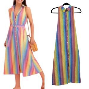 M.D.S. Stripes Shirtdress Dress Rainbow Pinafore Collar A-line Midi Pockets Sz 2